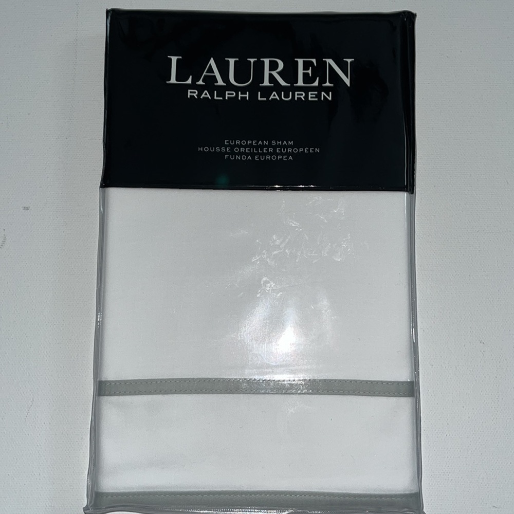 1 Lauren Ralph Lauren Spencer Border Sateen Euro Pillow Sham White Sage  NWT